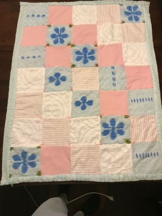 Adorable Vintage Chenille Upcycled Fabric Baby Quilt Throw Play Blanket 40 " X52 "