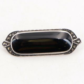 Vtg Sterling Silver - Art Deco Marcasite Onyx Brooch Pin - 8g