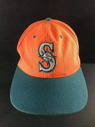 Vtg Seattle Mariners Pin Stripe Orange G Cap Mlb Hat Cap Snapback Embroidered