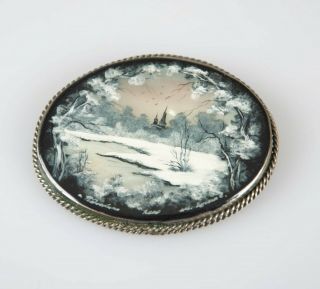 Vintage Miniature Hand Painted Mother Of Pearl Landscape Brooch Signed