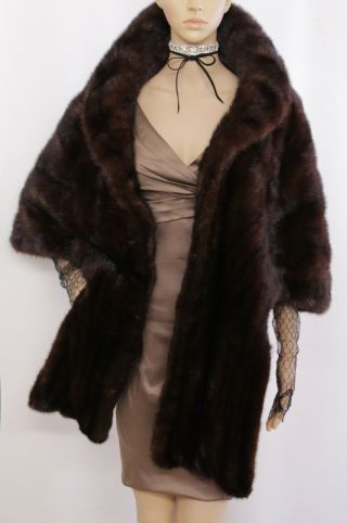 Real Mink Fur Vintage Dark Brown Mahogany Huge Stole Wrap Scarf Jacket Visone