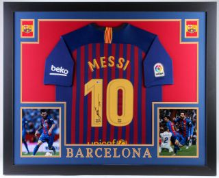 Lionel Messi Signed Barcelona 35x43 Custom Framed Jersey Display Beckett