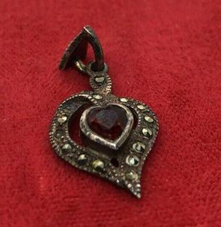 Vintage Sterling Silver Necklace 925 Pendant Heart Art Deco Marcasite Garnet