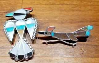 2 Vintage Sterling Silver Turquoise Other Stone Indian Look Pins Road Runner
