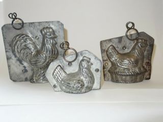 Antique Vintage Chocolate Metal Molds Chicken Rooster Prim Country Farmhouse Art