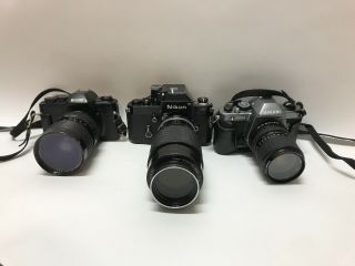 Bundle Of 3 35mm Vintage Cameras With Lenses Nikon,  Hikari & Ricoh