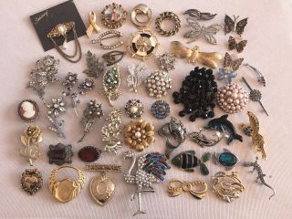 49 Vintage Brooches,  Badges & Scarf Clips - Flowers Butterfly Nautical Sea Life