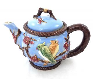 Vintage Seymour Mann Stoneware Teapot Tea Pot Blue Brown Birds Raised Design