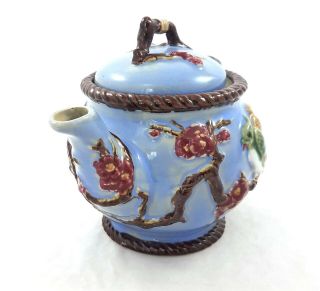 Vintage Seymour Mann Stoneware Teapot Tea Pot Blue Brown Birds Raised Design 2
