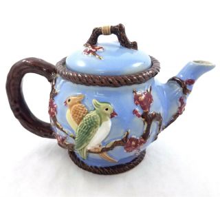Vintage Seymour Mann Stoneware Teapot Tea Pot Blue Brown Birds Raised Design 3