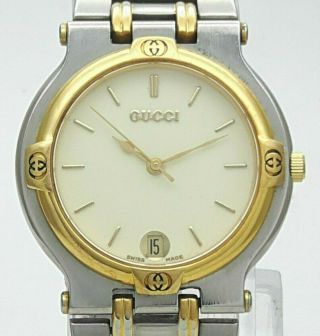 Vintage Gucci 9000m Two Tone Golden St Steel Swiss Quartz Date Men 