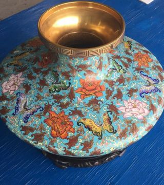 Large Antique Collectible Chinese Cloisonne Enamel Gilt Bat Flower Vase W Stand