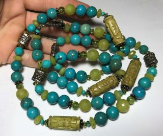 Vtg Sterling Silver Chinese Carved Turquoise Blue & Green Beaded Necklace