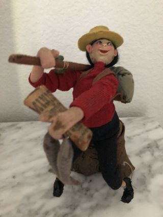 Roldan Fisherman Doll Sitting On Stump Vintage