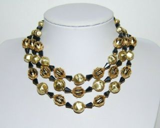 Elegant Vintage Deauville Gold And Black Triple Strand Statement Choker Necklace