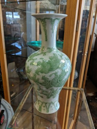 Vintage Chinese Qianlong Vase Green Dragon And Flowers Rare,  Large,  Signed