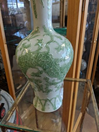 Vintage Chinese Qianlong vase Green Dragon and Flowers Rare,  Large,  Signed 2