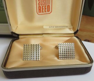 Vintage 1960s 70s Austin Reed Square Silver Tone Diamond Cut Mens Cufflinks Boxe
