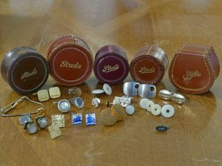 A Mixed Bundle Of Vintage Studs,  Cufflinks & 5 Leather Stud Boxes £2 Start Nr.