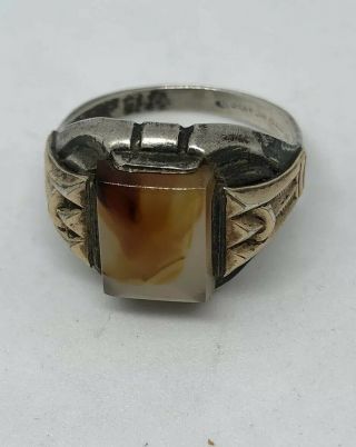 Antique Ob Ostby Barton Sterling,  10k Gold Filled Moss Agate Ring Sz 11