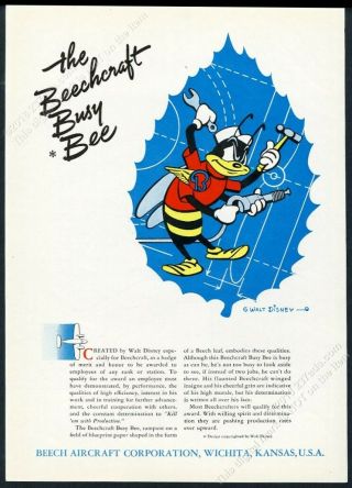 1942 Walt Disney Busy Bee Art Beechcraft Beech Aircraft Vintage Print Ad