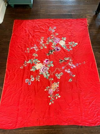 Antique Chinese Silk Embroidery Table Cover Or Wall Hanging