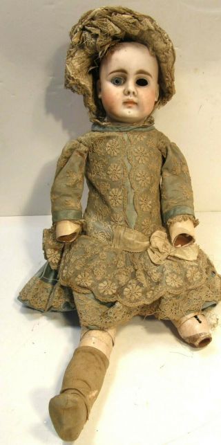 Antique 16 " Bisque Head Doll W/pierced Ears Old Lace Hat & Dress As - Is Parts