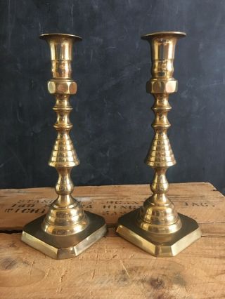 Set Of Two Vintage Solid Brass Taper Candlestick Holders Tall 9.  75” India 1 Lb