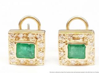 Vintage 14k Yellow Gold Natural Emerald Fine Diamond Ladies Square Earrings
