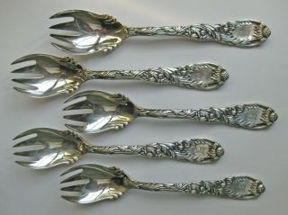 Tiffany & Co Set Of 5 Chrysanthemum Ice Cream Forks,  Sterling Silver,  Mono