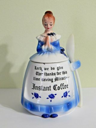 Vintage Enesco Mother In Kitchen Prayer Lady Instant Coffee Jar Container Blue