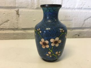 Vintage Antique Small / Miniature Chinese Blue Cloisonne Vase Flowers Decoration