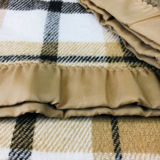 Vintage Full Size Brown Plaid Blanket Satin Trim Acrylic Blanket 66” X 90” 2