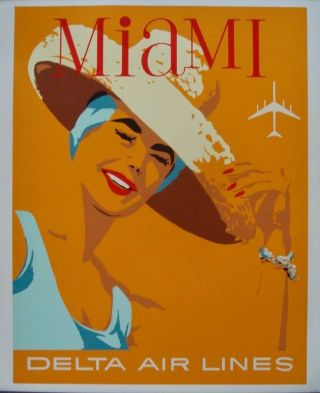 Delta Airlines Miami 1962 Vintage Travel Poster 20x28 Linen Nm