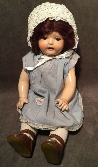 Antique Vintage Unmarked Cloth Composition Baby Doll 15” Blue Tin Eyes