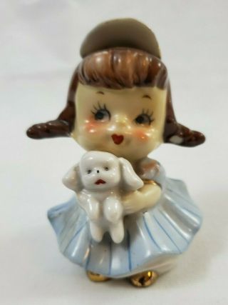 Vintage Japan Mid Century Ceramic Hand Painted Figurine Girl Holding Her Puppy