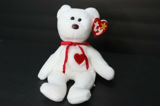 Vintage Ty Beanie Baby White Red Heart Valentino Bear Brown Nose 1994