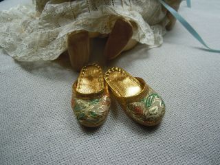 Antique Miniature Gold Coloured Brocade Doll Slippers