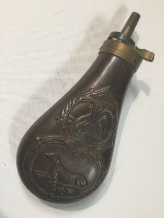 Early 6 " Stamped Copper/brass Black Gun Powder Flask W/dog & 2 Birds