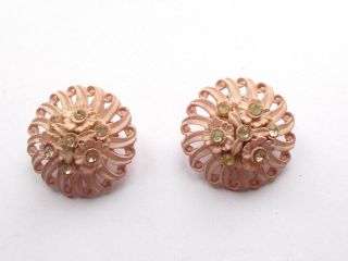Vintage Art Deco Pink Celluloid Flower Lace Effect Glass Crystal Clip Earrings