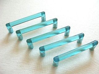 Set Of 5 Vintage Turquoise Aqua Clear Acrylic Plastic Drawer File Cabinet Pulls