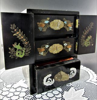 Vintage Asian Oriental Wooden Hand Painted Jewelry Box (c29)
