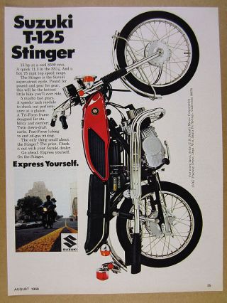 1969 Suzuki T - 125 T125 Stinger Motorcycle Color Photo Vintage Print Ad