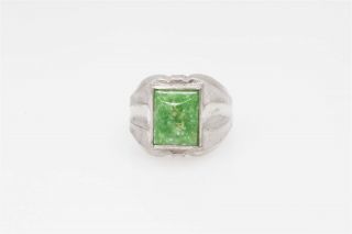 Antique 1940s 5ct Natural Green Jade Sterling Silver Mens Band Ring