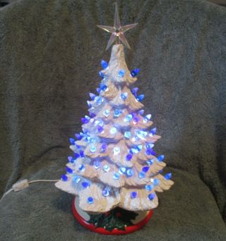 Vintage 16 " Nowell Mold White Ceramic Christmas Tree Blue Purple & Pink Lights