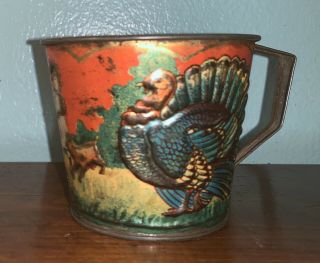 Old Antique Childs Toy Tin Litho Cup Thanksgiving Turkey