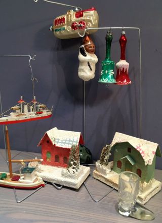 9 Antique Vintage German Glass Christmas Ornaments Putz Village Wood Ships Bells