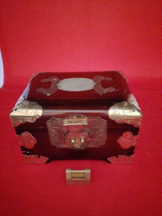 Vintage Chinese Jewellery Box With Carved Jade Inset And Brass Mounts