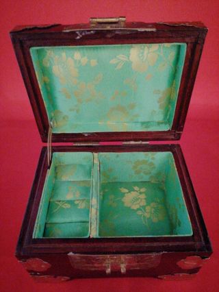 Vintage chinese jewellery box with carved jade inset and brass mounts 2