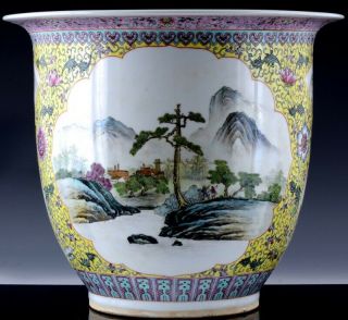Very Fine Chinese Republic Famille Rose Yellow Enamel Landscape Planter Vase
